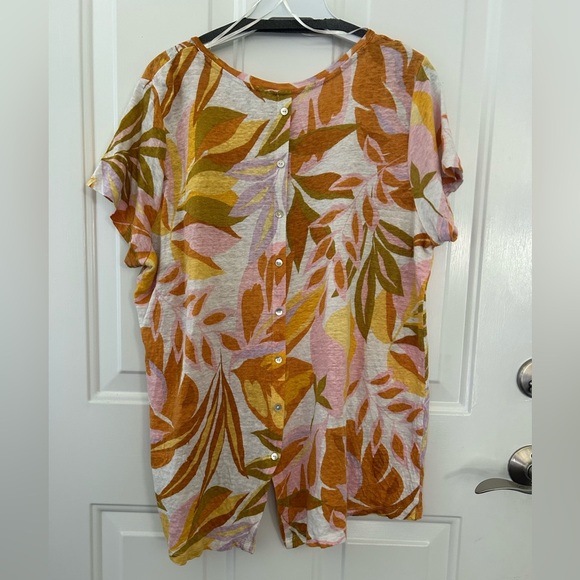 C&C California Women’s Tropical Orange and Pink Print 100% Linen T Shirt Size 1X - Picture 5 of 8